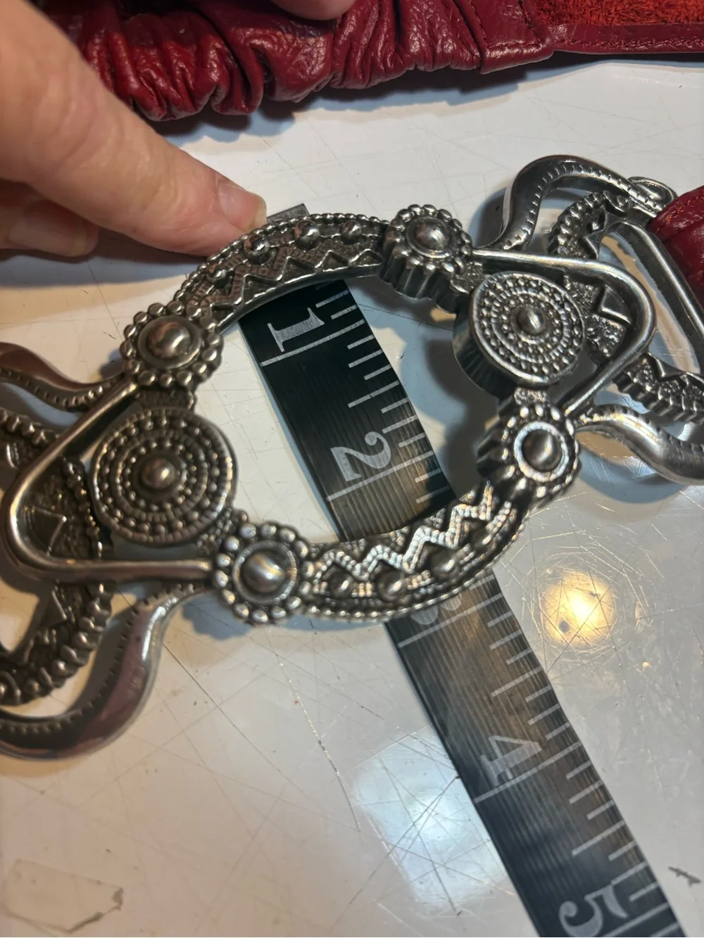 Chico's red leather stretch belt large, ornate silver statement buckle